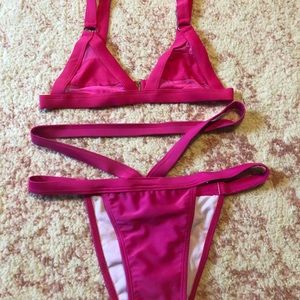 Strappy Hot Pink Mesh peek a boo bikini set